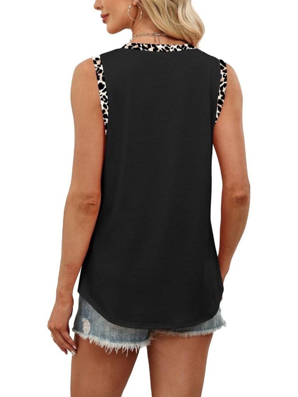〽️Women Black Round Neck Sleeveless Summer Beach Vacation Tank Tops Curved Hem - Picture 5 of 5